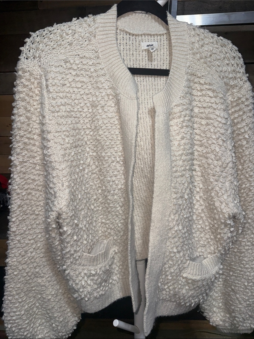 aerie Cream Popcorn Knit Open-Front Cardigan